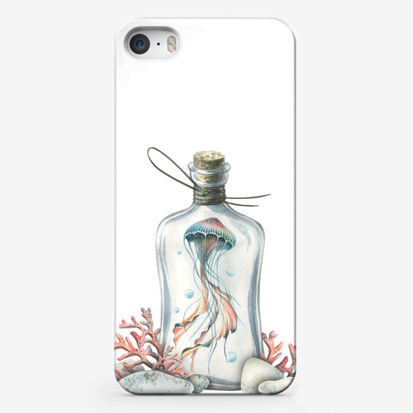 Чехол iPhone «Медуза в бутылке с кораллами и камешками. Акварель.»