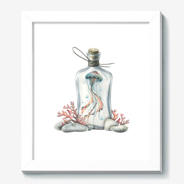 Картина «Медуза в бутылке с кораллами и камешками. Акварель.»