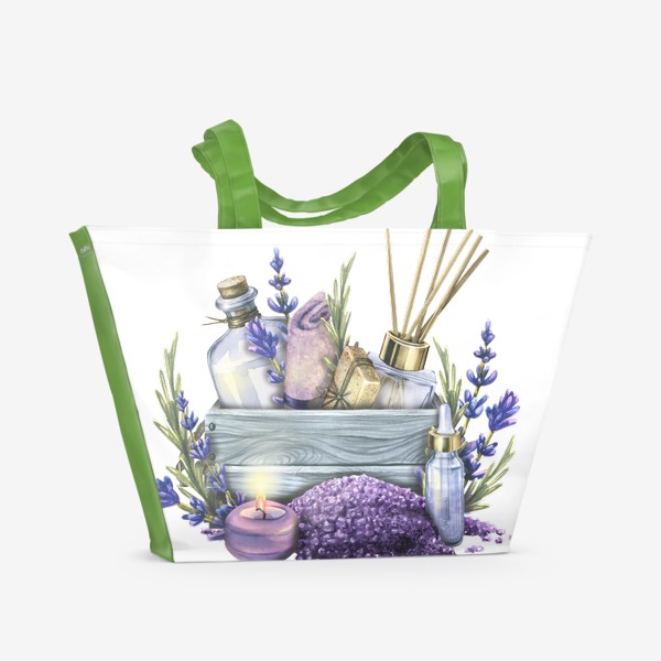 Пляжная сумка «Лавандовый набор для СПА, косметика, свечи, цветы. Акварель.»