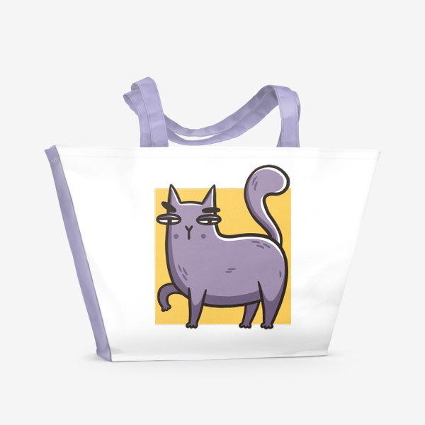 Пляжная сумка &laquo;Забавный сиреневый кот на желтом фоне&raquo;