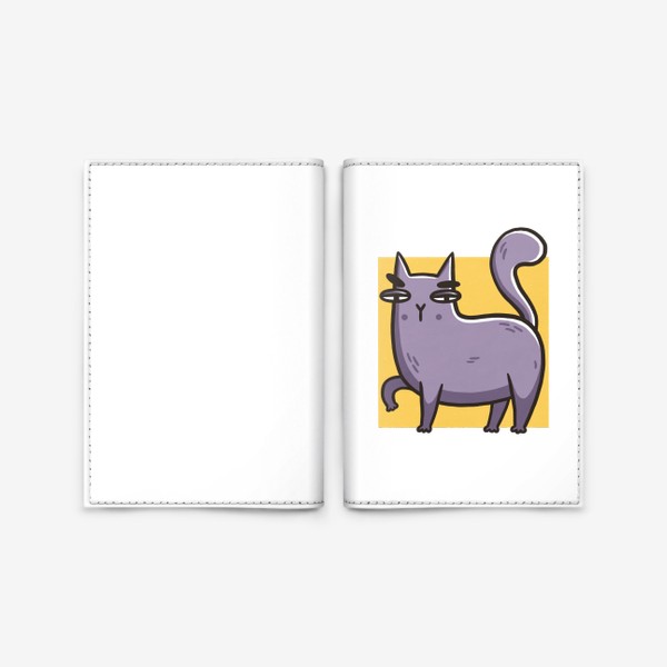 Обложка для паспорта «Забавный сиреневый кот на желтом фоне»