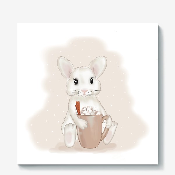 Холст «Белый кролик с чашкой маршмеллоу»