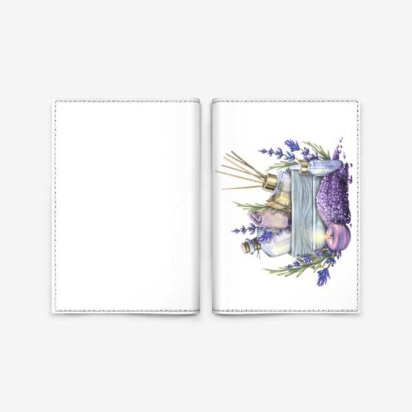 Обложка для паспорта «Лавандовый набор для СПА, косметика, свечи, цветы. Акварель.»