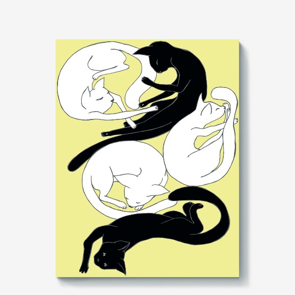 Холст «Silhouettes of black and white cats - Силуэты черно-белых кошек, растянувшихся в интересных позах на светло-желтом фоне»