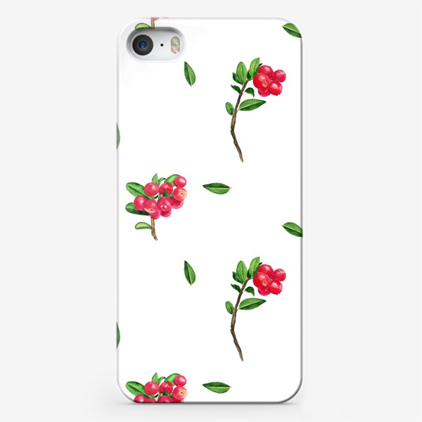 Чехол iPhone «Брусника ягода на белом, паттерн акварельный»