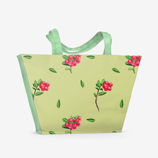Пляжная сумка «Акварельные веточки брусники на бежевом, ягодный паттерн»