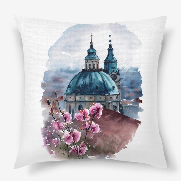 Подушка «Акварель городской пейзаж Весна в Праге»
