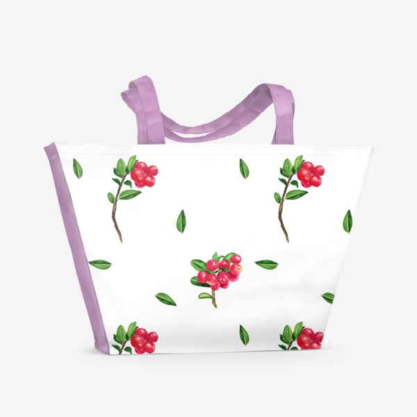 Пляжная сумка «Брусника ягода на белом, паттерн акварельный»
