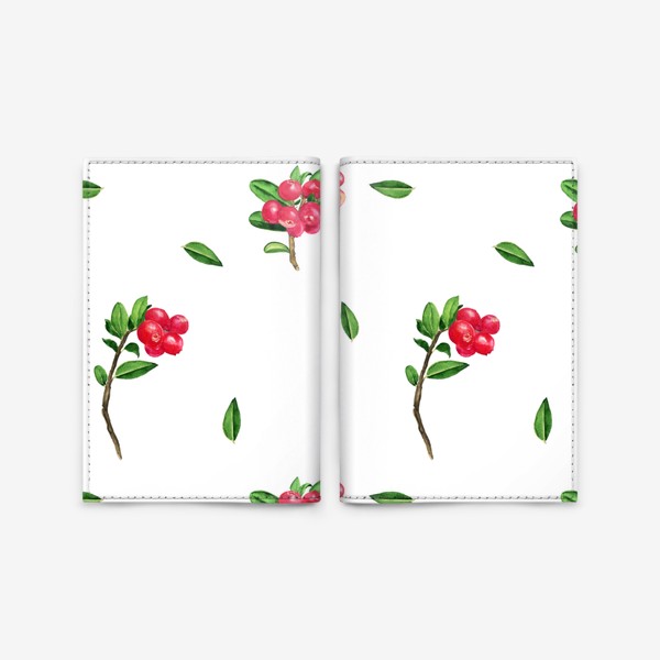 Обложка для паспорта «Брусника ягода на белом, паттерн акварельный»