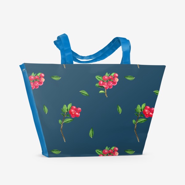 Пляжная сумка «Акварельная брусника на синем, стильный паттерн»