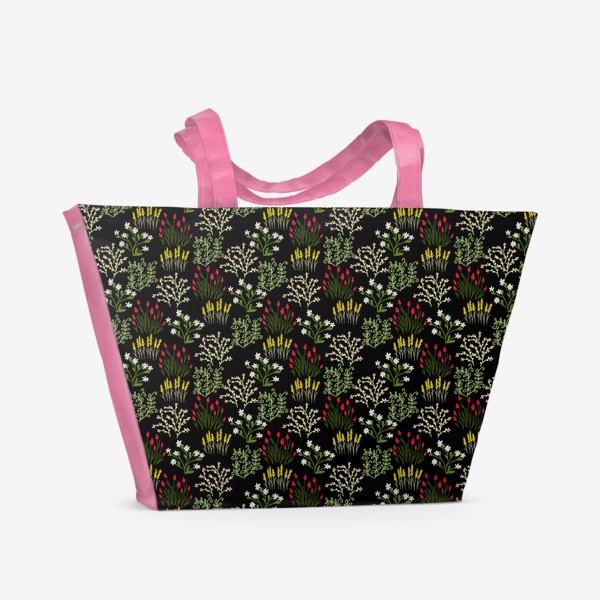 Пляжная сумка &laquo;Цветы в стиле сканди на черном, паттерн&raquo;