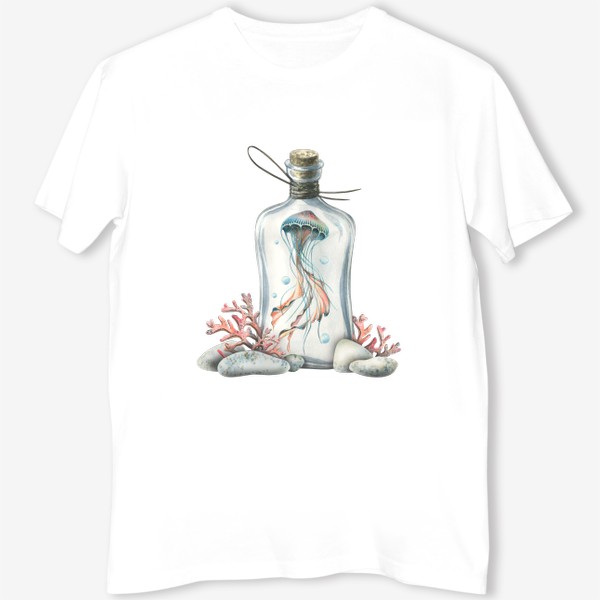 Футболка &laquo;Медуза в бутылке с кораллами и камешками. Акварель.&raquo;