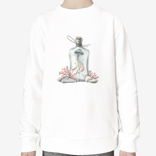 Свитшот «Медуза в бутылке с кораллами и камешками. Акварель.»