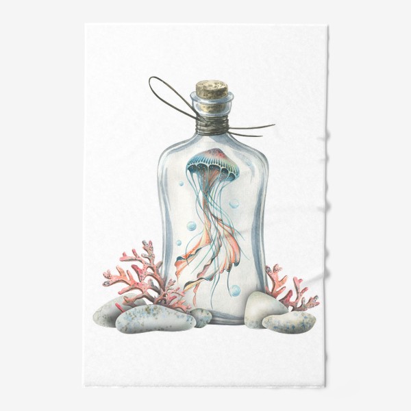 Полотенце «Медуза в бутылке с кораллами и камешками. Акварель.»