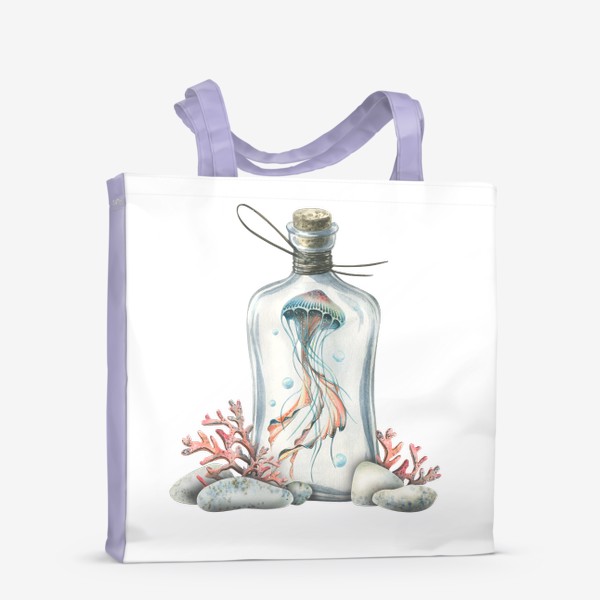 Сумка-шоппер «Медуза в бутылке с кораллами и камешками. Акварель.»
