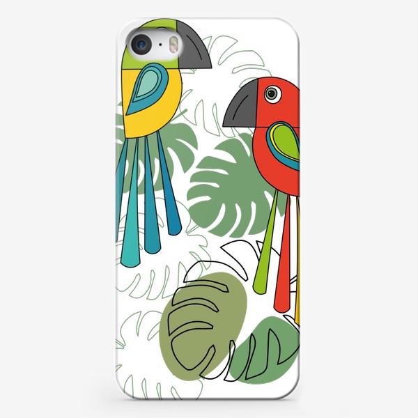 Чехол iPhone «Попугаи и листья монстеры. Птицы.»