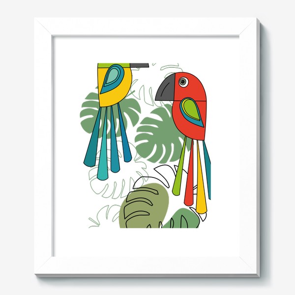Картина «Попугаи и листья монстеры. Птицы.»