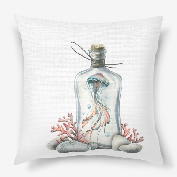 Подушка «Медуза в бутылке с кораллами и камешками. Акварель.»