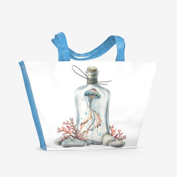 Пляжная сумка &laquo;Медуза в бутылке с кораллами и камешками. Акварель.&raquo;