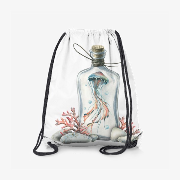 Рюкзак &laquo;Медуза в бутылке с кораллами и камешками. Акварель.&raquo;