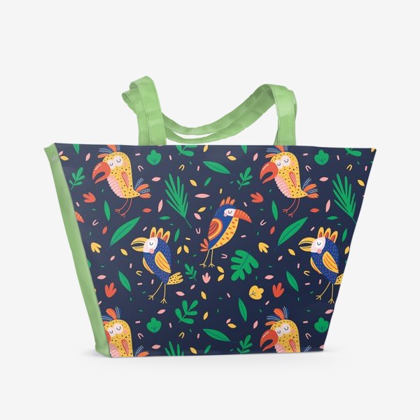 Пляжная сумка «Паттерн попугаи в листве»
