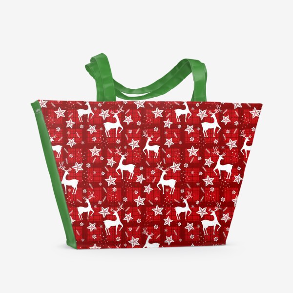 Пляжная сумка «Новогодние олени с веточками и снежинками»