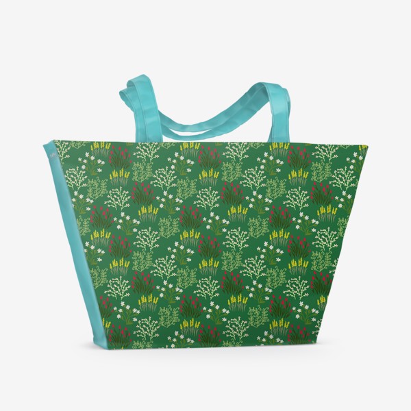 Пляжная сумка «Цветы в стиле сканди на зеленом, паттерн»