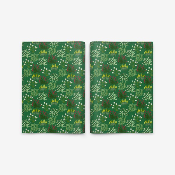 Обложка для паспорта «Цветы в стиле сканди на зеленом, паттерн»