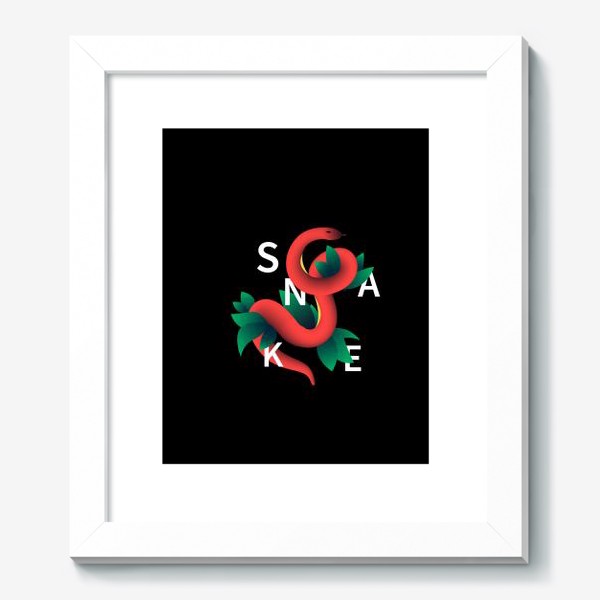 Картина «Змея с листьями на черном фоне. Надпись snake.»