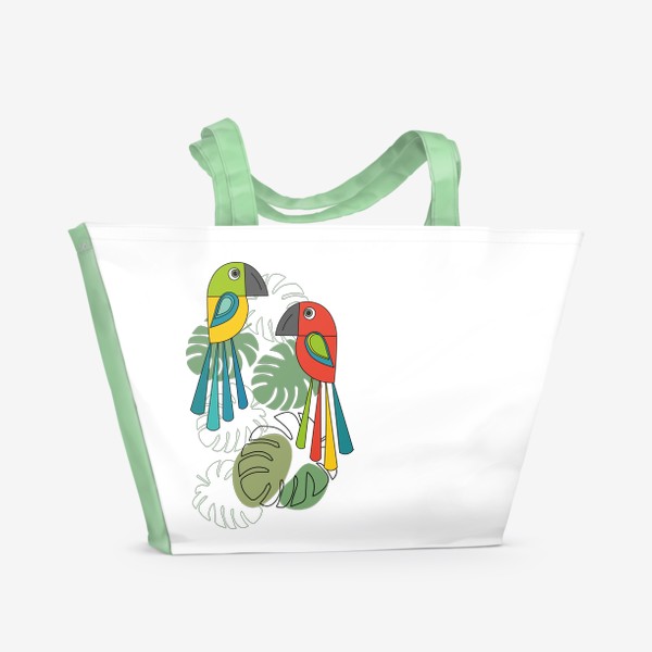 Пляжная сумка &laquo;Попугаи и листья монстеры. Птицы.&raquo;