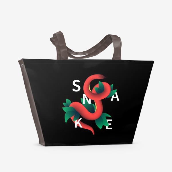 Пляжная сумка «Змея с листьями на черном фоне. Надпись snake.»