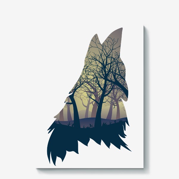 Холст «Темный лес в силуэте воющего волка»