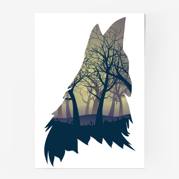 Постер «Темный лес в силуэте воющего волка»