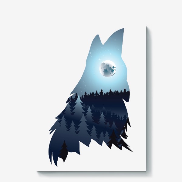 Холст «Воющий волк и полная луна над лесом»