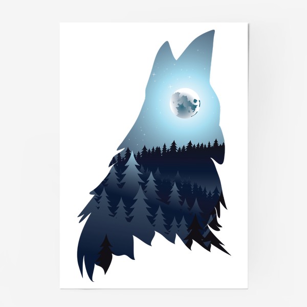 Постер «Воющий волк и полная луна над лесом»
