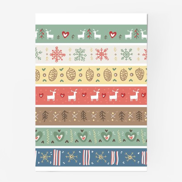 Постер «Рождественский орнамент с оленями, шишками, елками и сердечками.»