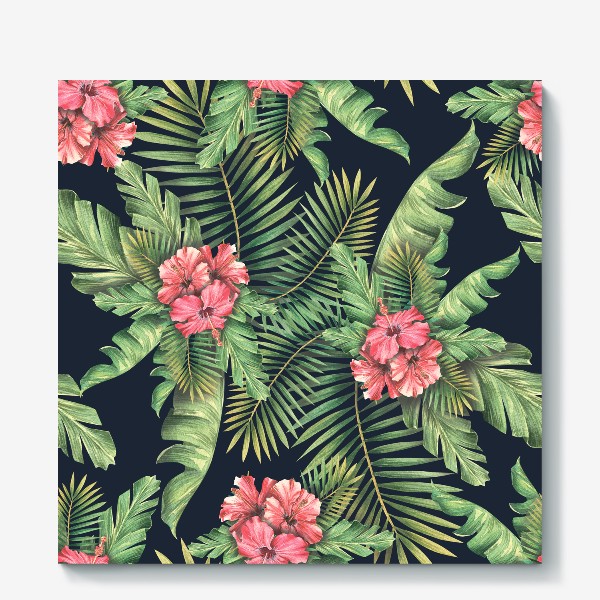 Холст «Тропические листья, пальмовые с цветами гибискуса. Тропический паттерн, акварельный.»