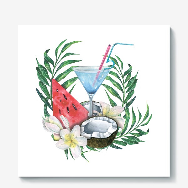 Холст &laquo;Пляжный коктейль с тропическими фруктами, листьями и цветами. Акварель.&raquo;