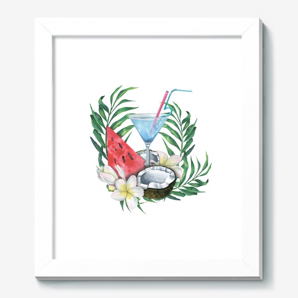 Картина «Пляжный коктейль с тропическими фруктами, листьями и цветами. Акварель.»