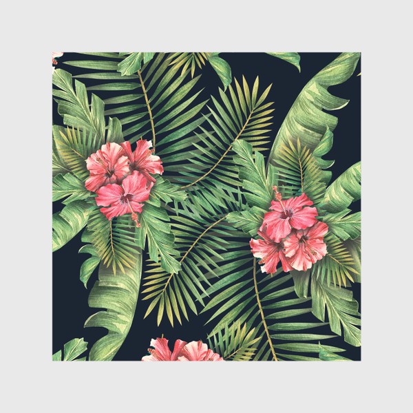 Шторы «Тропические листья, пальмовые с цветами гибискуса. Тропический паттерн, акварельный.»