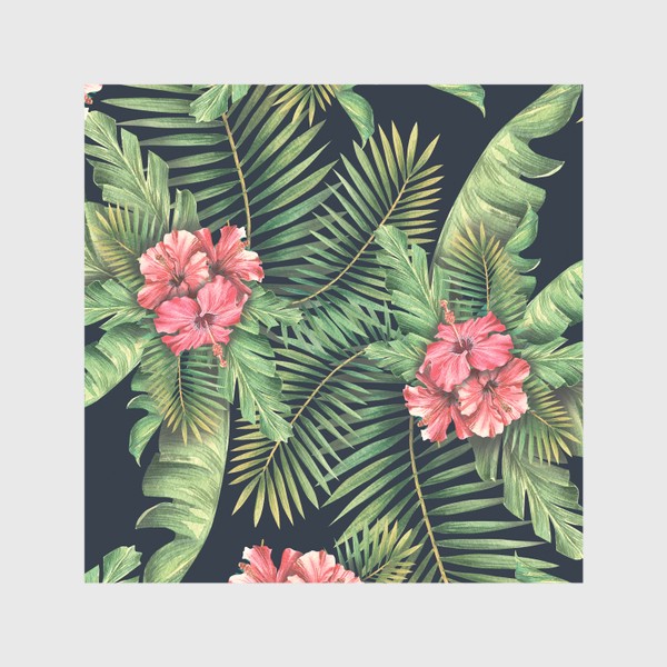 Скатерть &laquo;Тропические листья, пальмовые с цветами гибискуса. Тропический паттерн, акварельный.&raquo;
