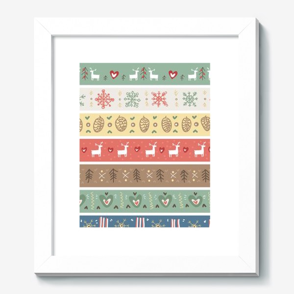 Картина &laquo;Рождественский орнамент с оленями, шишками, елками и сердечками.&raquo;