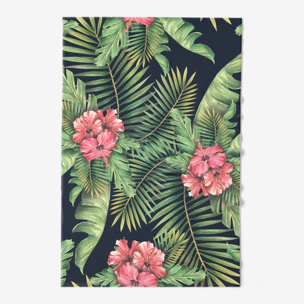 Полотенце &laquo;Тропические листья, пальмовые с цветами гибискуса. Тропический паттерн, акварельный.&raquo;