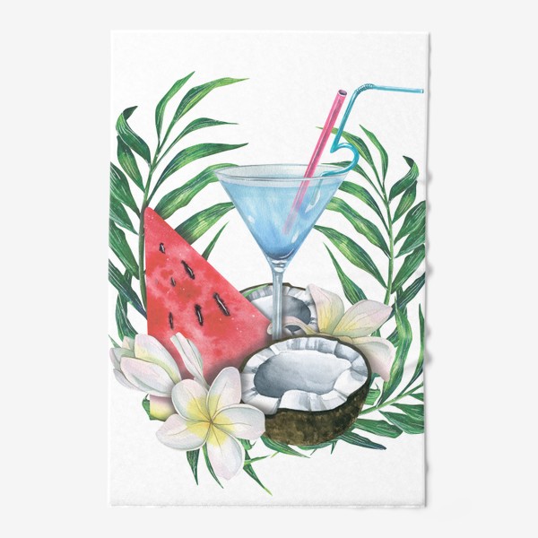 Полотенце &laquo;Пляжный коктейль с тропическими фруктами, листьями и цветами. Акварель.&raquo;