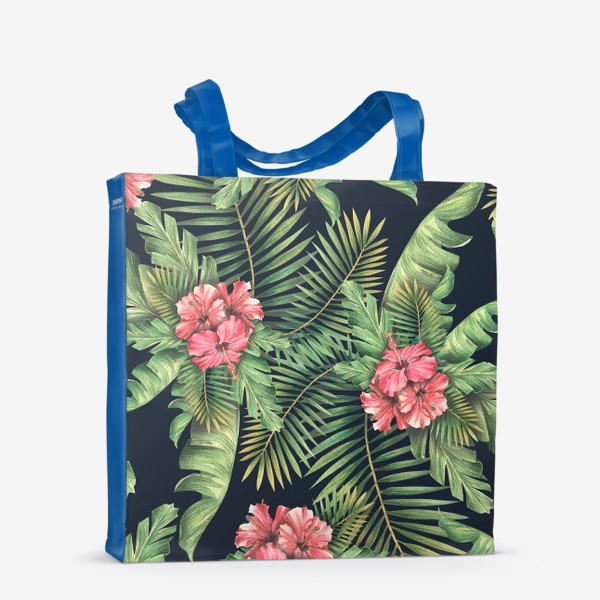 Сумка-шоппер «Тропические листья, пальмовые с цветами гибискуса. Тропический паттерн, акварельный.»