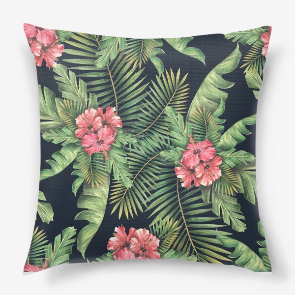 Подушка &laquo;Тропические листья, пальмовые с цветами гибискуса. Тропический паттерн, акварельный.&raquo;