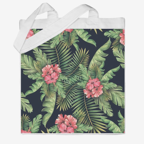 Сумка хб &laquo;Тропические листья, пальмовые с цветами гибискуса. Тропический паттерн, акварельный.&raquo;