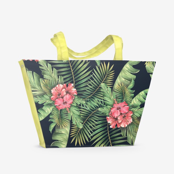 Пляжная сумка «Тропические листья, пальмовые с цветами гибискуса. Тропический паттерн, акварельный.»