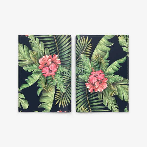 Обложка для паспорта &laquo;Тропические листья, пальмовые с цветами гибискуса. Тропический паттерн, акварельный.&raquo;