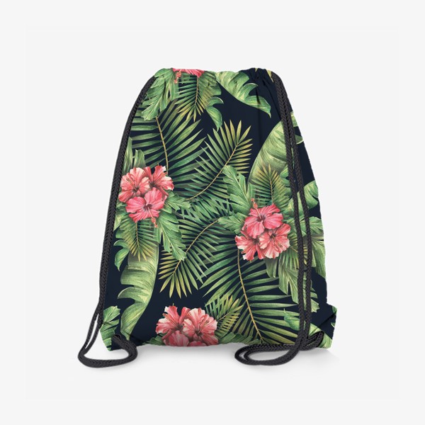 Рюкзак &laquo;Тропические листья, пальмовые с цветами гибискуса. Тропический паттерн, акварельный.&raquo;